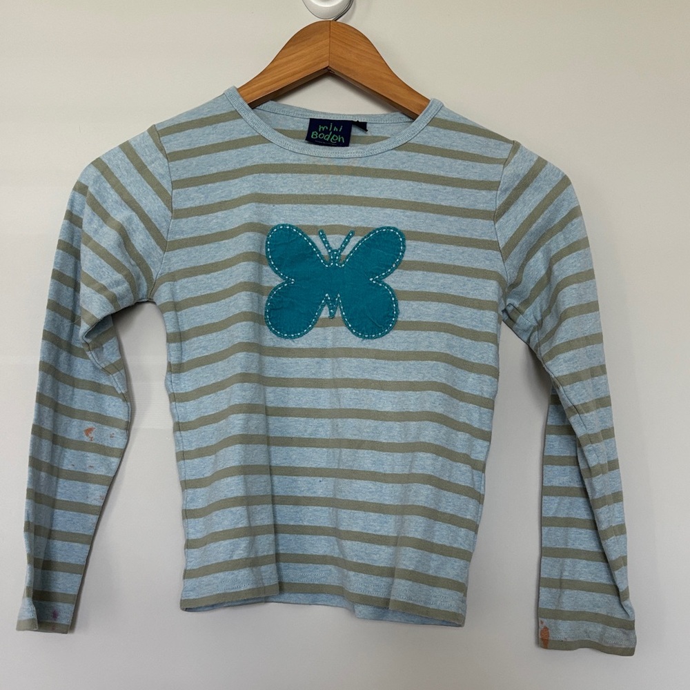 Mini Boden Striped Butterfly Appliqué Long Sleeve Tee Sz 9-10